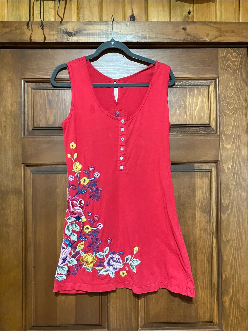 Johnny Was Red Embroidered Floral Henley Tank